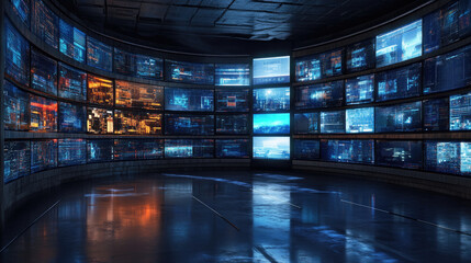 Newsroom Studio Background Featuring Digital Screens and Broadcasting Equipment