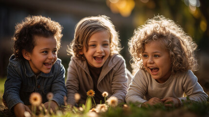 Three happy children lying on grass in a park and laughing. Childhood, happiness, diversity concept. Image for design, banner, poster, card