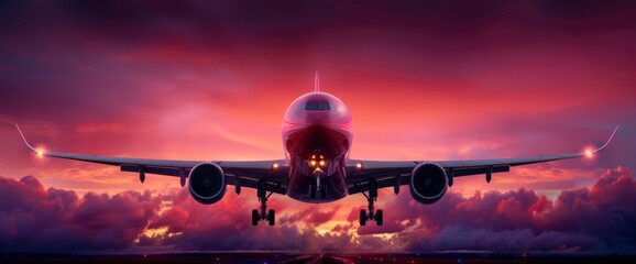 An Xxl Jet Airplane Landing At Dusk, With A Pink And Purple Sky