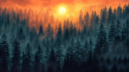 Misty forest with pine trees at sunset. Dramatic sky with fog. Nature and environment concept. Background for design, print, poster, wallpaper