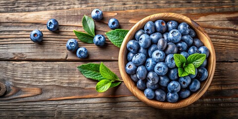 Top view of fresh blueberries in a wooden bowl on a rustic table, fresh, blueberries, wooden bowl, top view