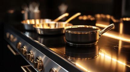Obraz premium Elegant and Modern Kitchen Design featuring Beautiful Black and Gold Accents