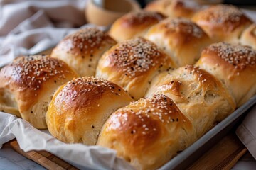 Fototapeta premium Delicious, golden brown bread rolls topped with sesame seeds are cooling on a baking sheet