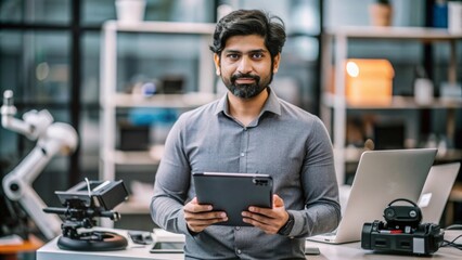 "Indian Male Tech Expert with Technology Gadgets" – An Indian male tech expert showcasing various technology gadgets and tools.
