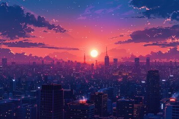 Obraz premium Cityscape with Sunset and Starry Sky