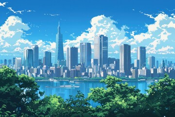 Obraz premium Cityscape with Tall Buildings and a Blue Sky