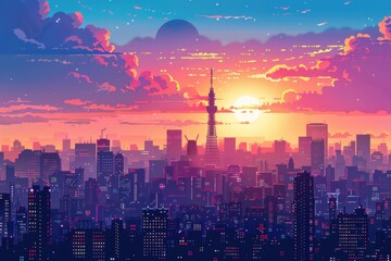 Fototapeta premium Tokyo Skyline at Sunset with Tower and Cloudy Sky