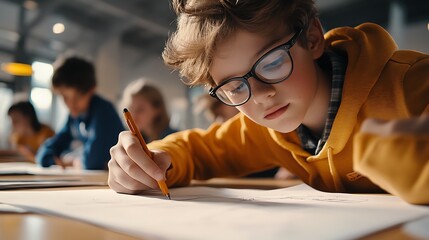 A student drawing a diagram on a piece of paper during a science class.
