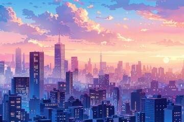 Obraz premium Cityscape at Dusk with Pastel Skies and Glowing Buildings