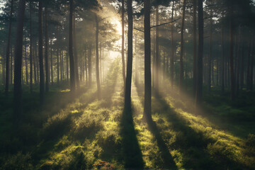 Fototapeta premium Sunlight filters through tall trees in a tranquil forest, casting long shadows and illuminating the lush green undergrowth