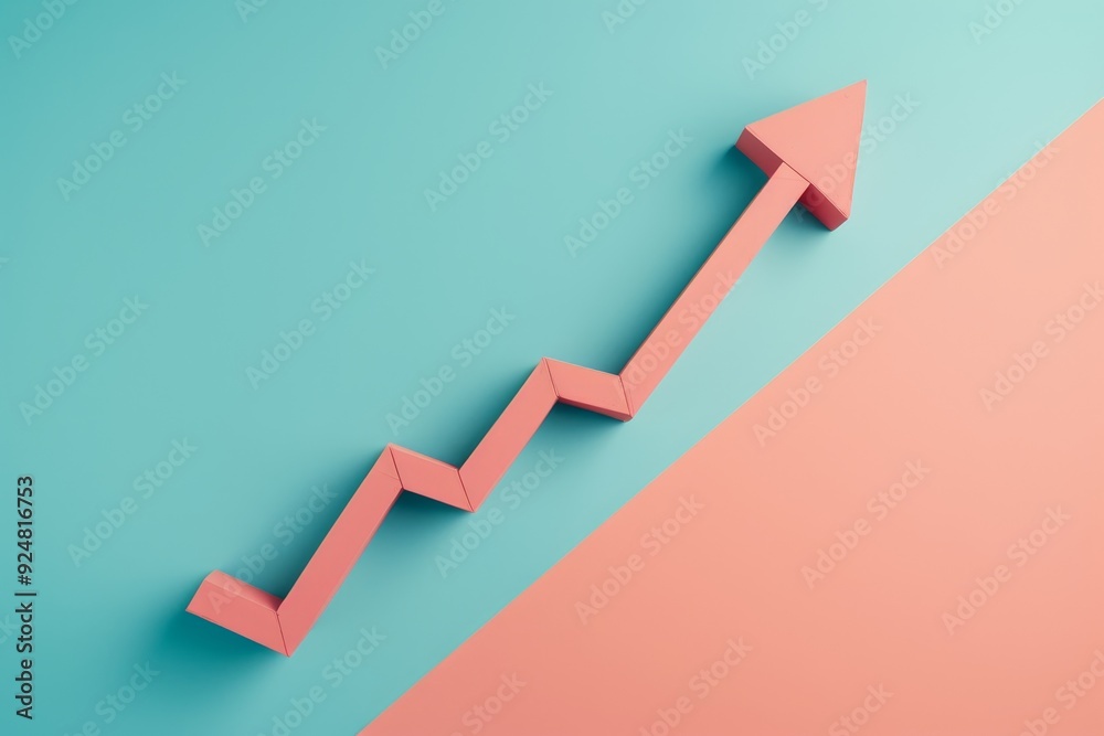 Poster red arrow on blue and pink background, An arrow graph pointing upwards, symbolizing growth and improvement