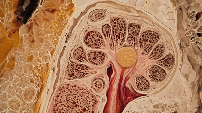 A detailed microscopic image of a human kidney glomerulus, showcasing the network of capillaries involved in blood filtration. The glomerulus appears as a tangled cluster of tiny blood vessels, with