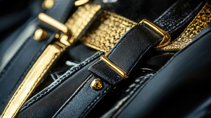 A CloseUp of Elegant Accessories in Black and Gold Featuring Sophisticated Design Elements