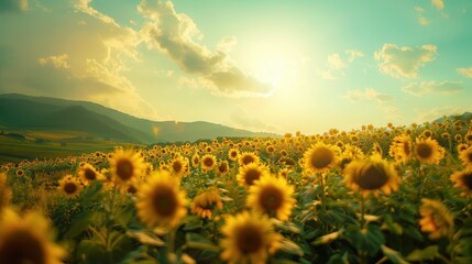 Fototapeta premium Sunflower Farm Landscape: A Stunning Field of Sunflowers in the Mountains