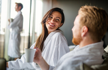 Obraz premium Happy young couple in love enjoying wellness spa resort treatments.