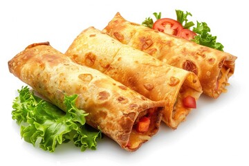 Three rolled tortillas filled with ingredients, served on lettuce and garnished with tomatoes.