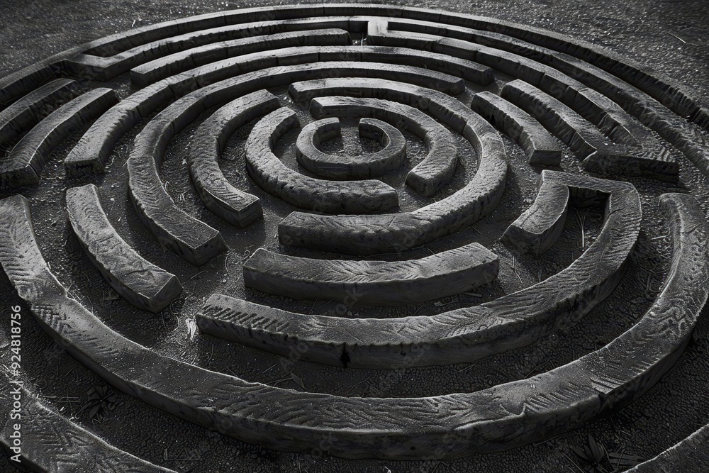 Aufkleber black and white photo of circular maze, An image of labyrinth layout where the paths are depicted by the negative space