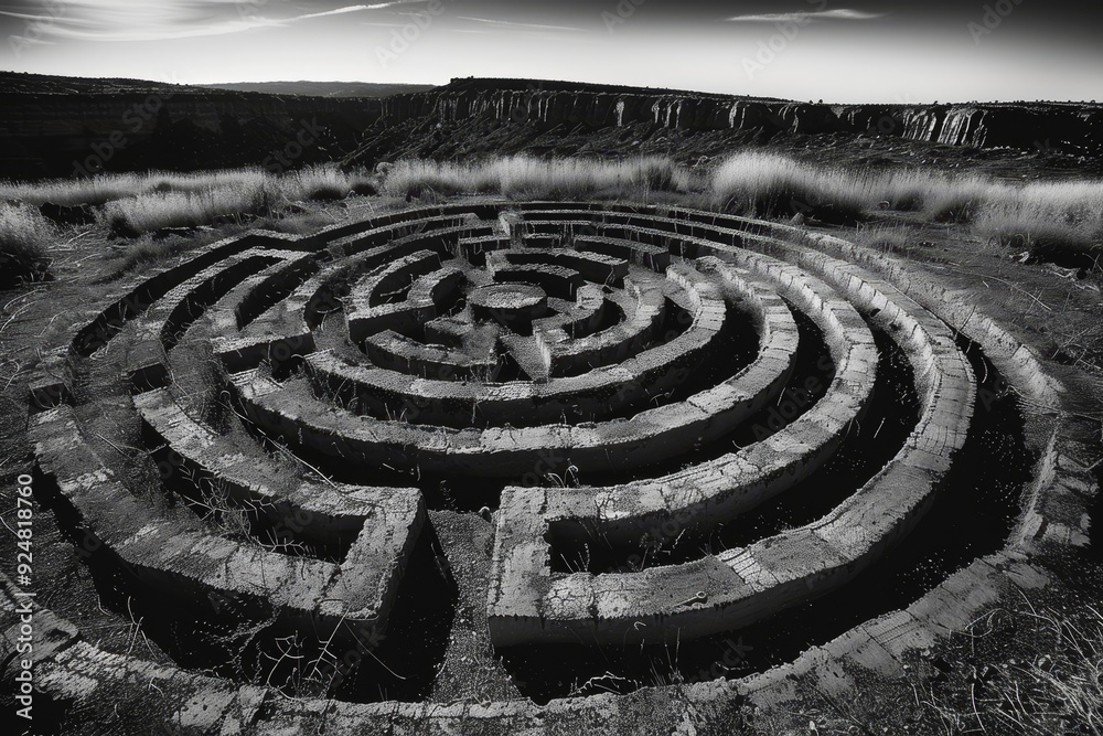Poster black and white photo of circular maze, An image of labyrinth layout where the paths are depicted by the negative space
