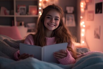 A beaming girl proudly displays her completed homework in a neat and organized bedroom, surrounded by books and stationery. Her big smile says it all - she's thrilled with her accomplishment!