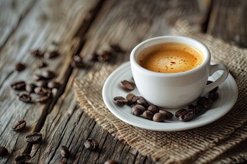 Coffee cup and coffee beans on a wooden background. toning. selective focus