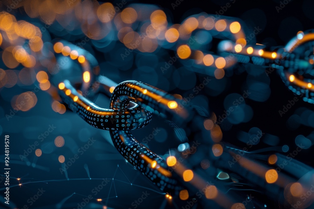 Poster chain with link in the middle, An innovative blockchain technology secures transactions and protects digital assets
