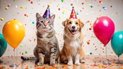 Adorable cat and dog duo sitting together surrounded by balloons, confetti, and party hats, capturing the joy and excitement of New Year's Eve celebrations.