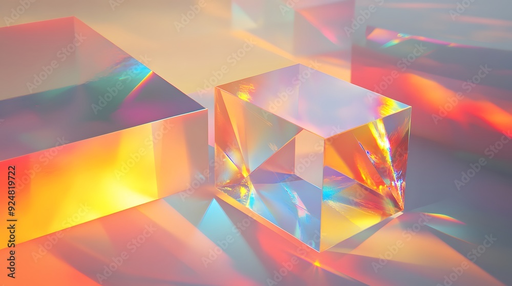Wall mural 85. floating, multi-dimensional prisms with a dynamic, translucent glow on a clear canvas