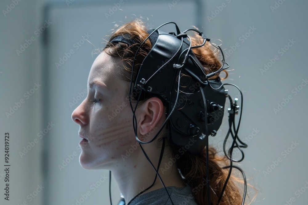 Aufkleber woman with head device on her head, brain-computer interface enhancing cognitive capabilities