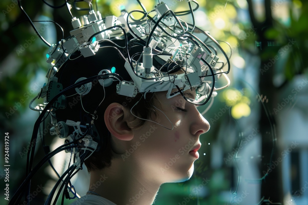 Aufkleber woman with head device on her head, brain-computer interface enhancing cognitive capabilities