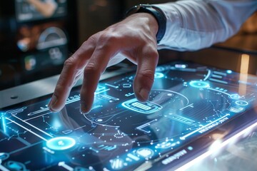 person using tablet with futuristic interface, An innovative gesture control interface allows you to interact with technology without touching it