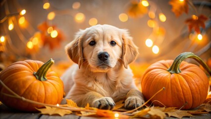 Adorable golden puppy snuggles up to a vibrant orange pumpkin, surrounded by autumn leaves and twinkling string lights, evoking warm seasonal nostalgia.