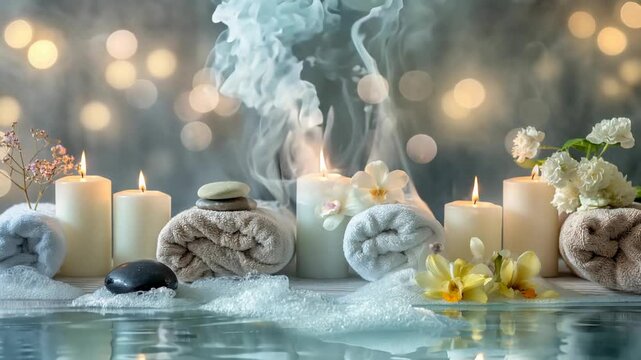 relax spa background with stones and candles, water, flowers, towels and steam, mental health, yoga and meditation concept, copy space.