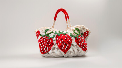 Crochet white bag with handles and bright red strawberry pattern.