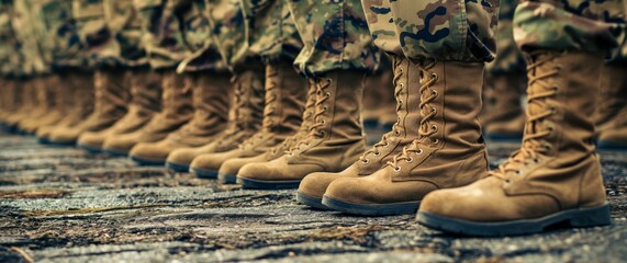 Soldiers' military boots aligned perfectly on a gravel ground, symbolizing discipline, readiness, and uniformity within the military forces.