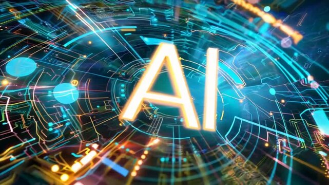 Glowing yellow ai text logo surrounded by futuristic circuitry and digital binary code, representing the rapid advancement of artificial intelligence technology