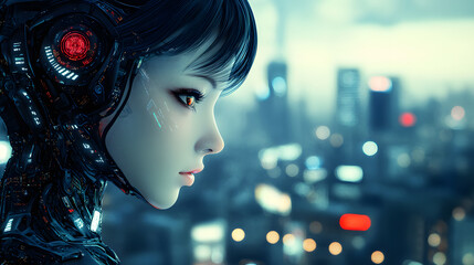 A beautiful european female robot with an extremely detailed head, a close-up of the face and hair, against a background of a futuristic cityscape