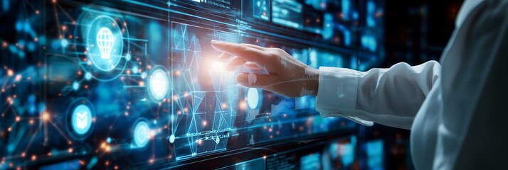 A hand interacting with a high-tech digital holographic screen displaying various graphs and data, symbolizing advanced technological management.