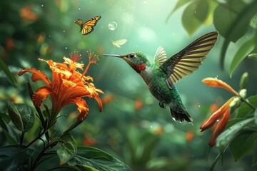 Fototapeta premium Hummingbird in Flight Near Orange Flower and Butterfly