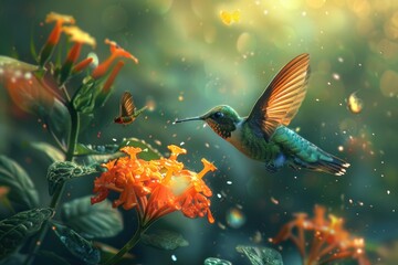 Fototapeta premium Hummingbird in Flight Approaching Orange Flowers