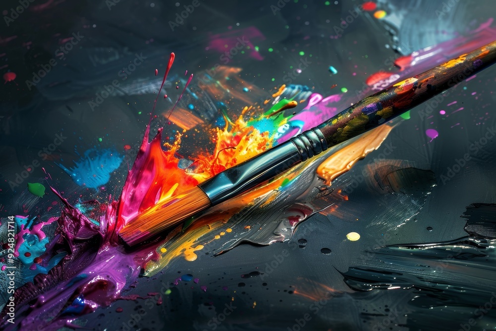 Aufkleber paintbrush with colorful paint splash on it, paintbrush with vibrant splashes of color, representing