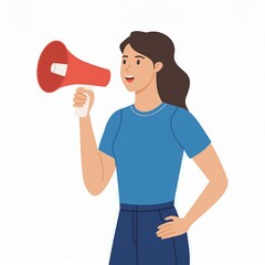 Woman is speaking into a megaphone. Announcement, warning concept. Flat vector illustration isolated on white background