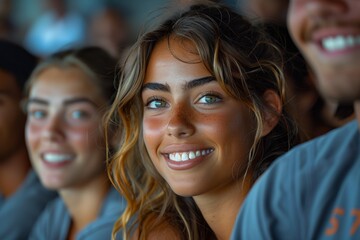 Fototapeta premium Casual attire and bright smiles of young adults, set against natural light, convey a feeling of true contentment and ease.