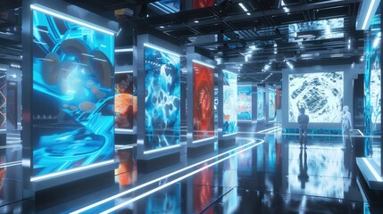 A futuristic AI-controlled art gallery with dynamic displays that change based on visitor interactions