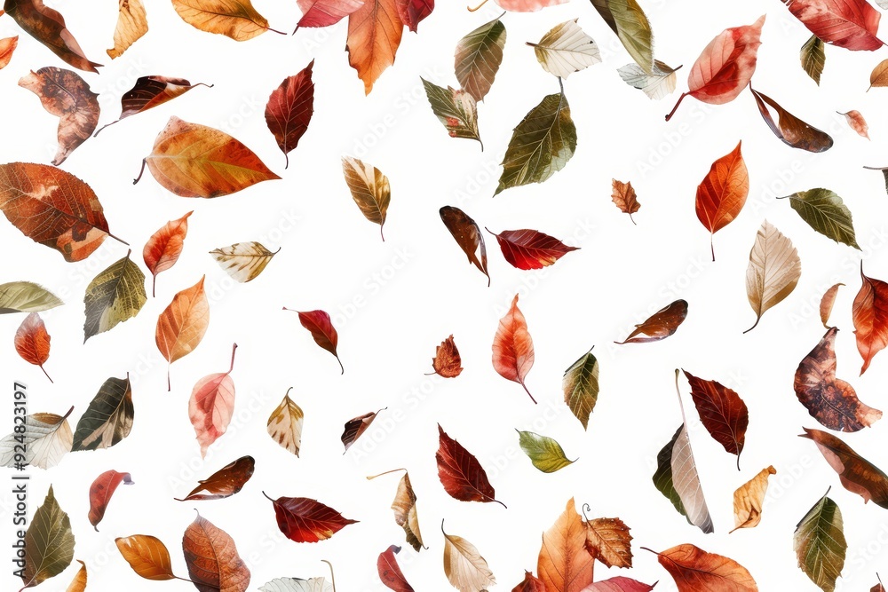 Poster bunch of leaves that are on white surface, artistic pattern of autumn leaves falling on transparent 