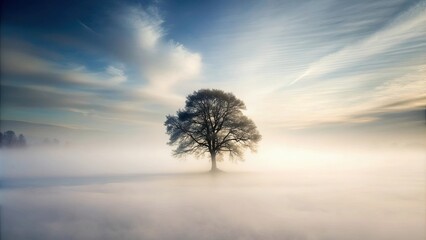 Obraz premium Solitary tree surrounded by thick fog , foggy, misty, lone, isolated, nature, landscape, tranquil, atmospheric, eerie