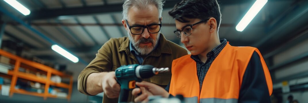 An elderly mentor helps a young apprentice use a drill tool in a workshop, illustrating hands-on learning and knowledge transfer. - Powered by Adobe