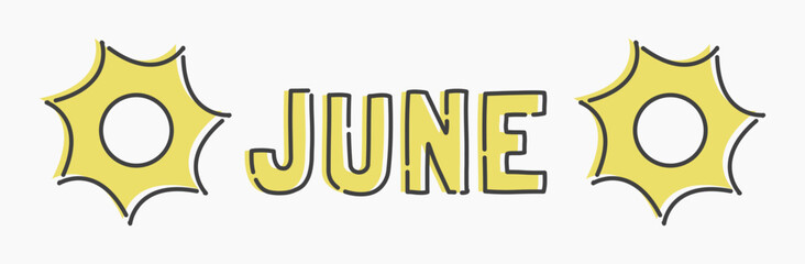 Simple flat line art cartoon for June. June illustration, ideal for graphic needs related to the month of June with sun, energy, summer, and more.