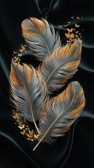 A mesmerizing hyper-realistic 3D image of three exquisite feathers with exquisite golden and gray details use for wall art print, phone cases