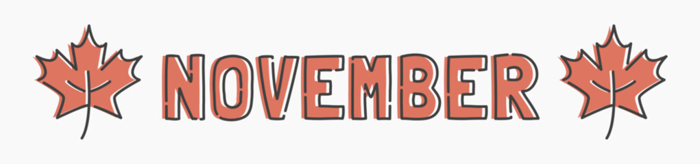 Simple flat line art cartoon for November. November illustration, ideal for graphic needs related to November with maple leaves, nature, fall, and more.