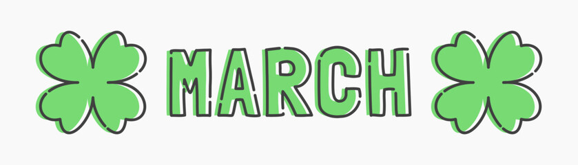 Simple flat line art cartoon for March. March illustration, great for graphic needs related to March with clover leaves, nature, spring, and more.